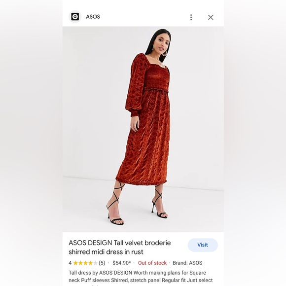 ASOS DESIGN Tall velvet broderie shirred midi dress in rust size 4/ S - Picture 5 of 5